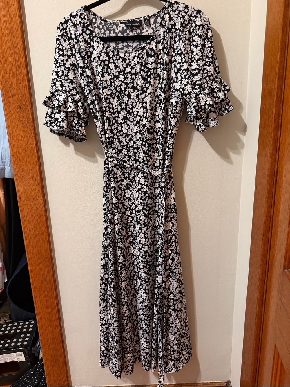 Nina Leonard Black and White Floral Wrap Midi Dress